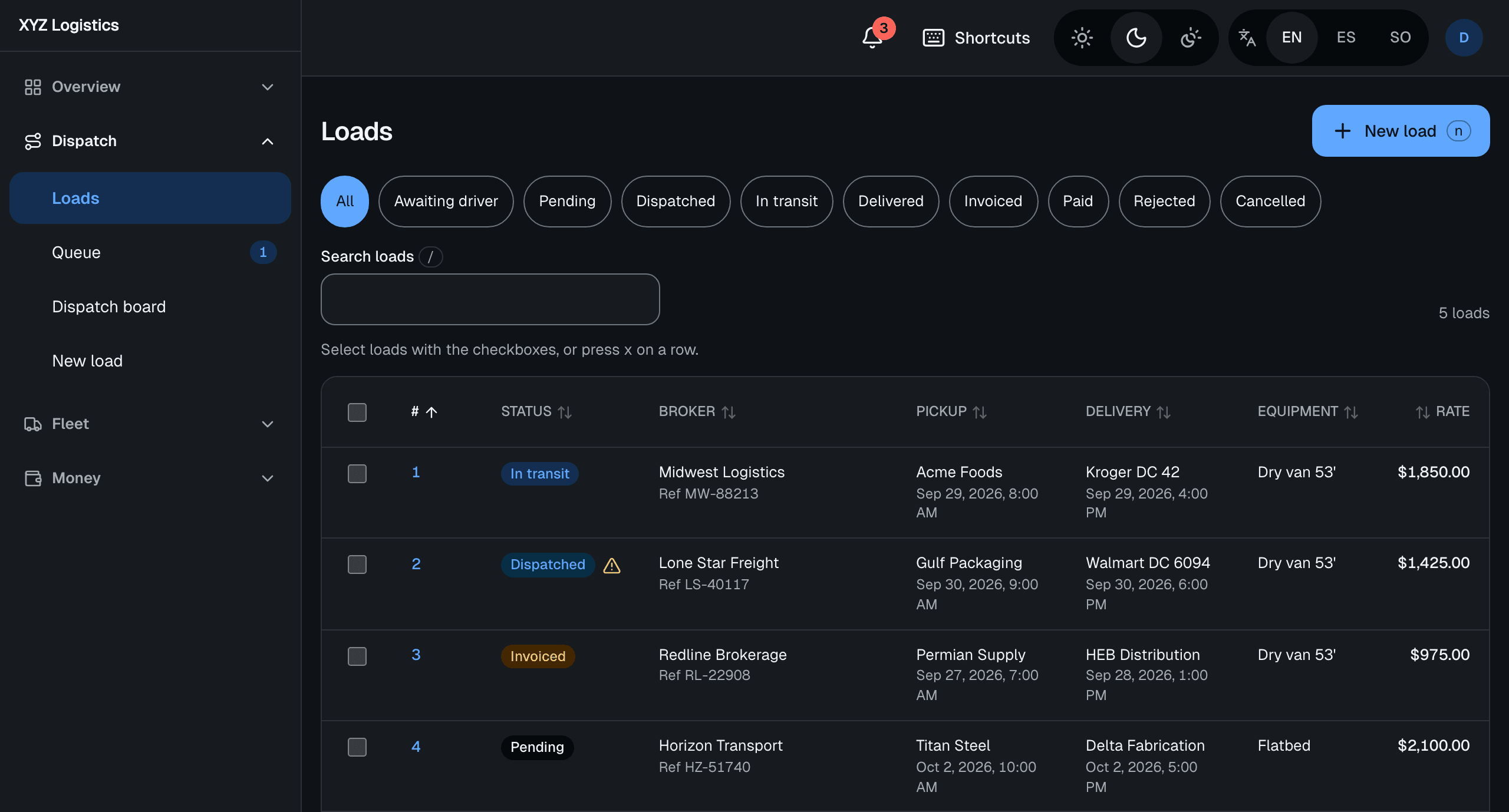 The Freight Friend loads board: four loads — In transit, Dispatched, Invoiced and Pending — with brokers, stops, dates and rates.